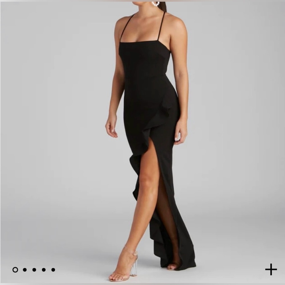black formal maxi dress with ruffle slit from windsor worn for 3 hours
